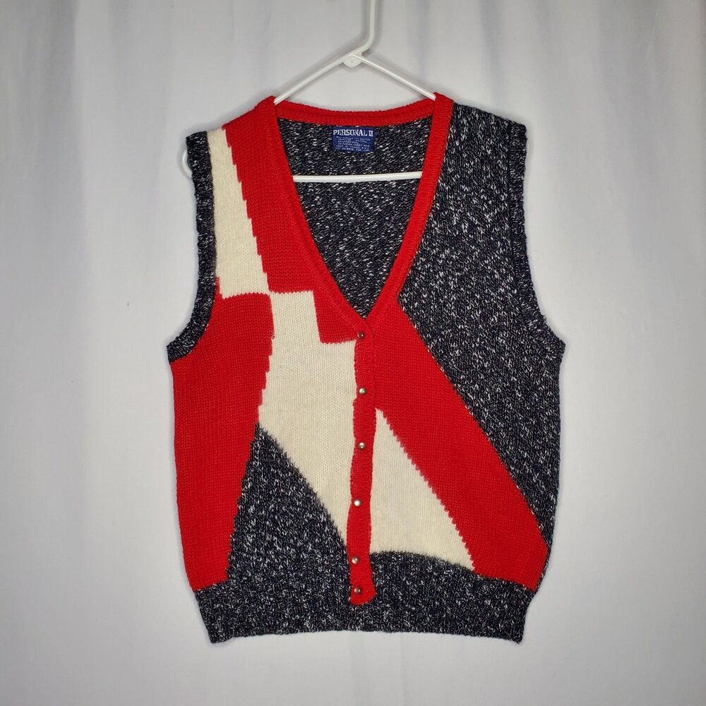Personal‎ Sweater Vest Women 1X Bowie Button Colorblock 80s Glam Grandpacore 90s